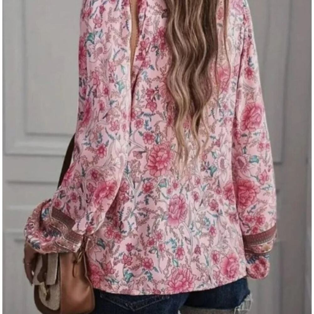 Women's Boho Pink Floral Tie-Neck Peasant Blouse - Medium - Picture 3 of 3